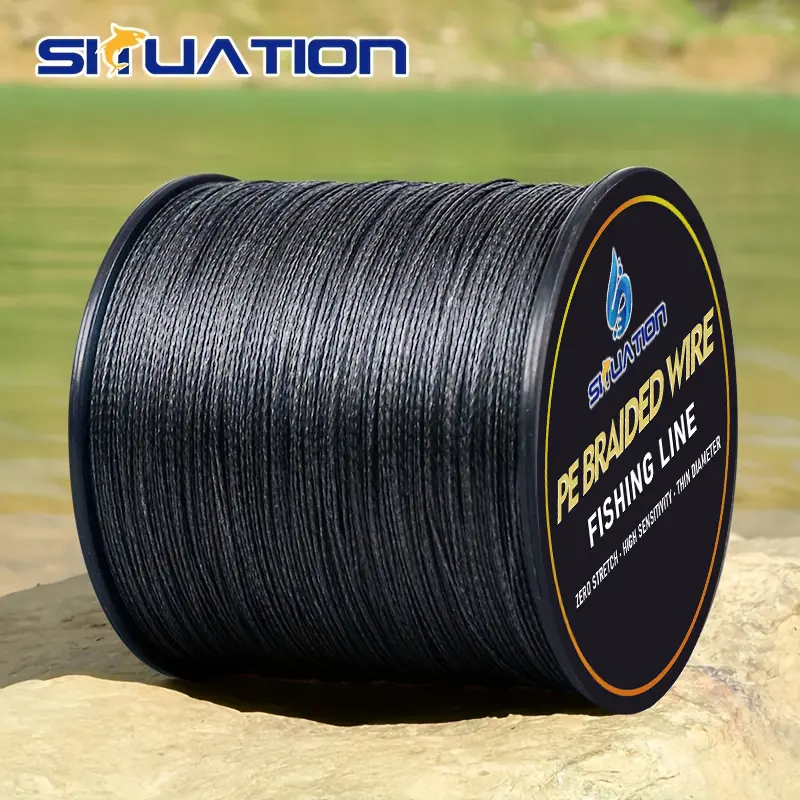 SIIUATIONA Black Multi-Thread 4-Strand PE Braided Fishing Line, 25 LB-100 LB, 300M/328YDS-500M/546YDS, Wear-Resistant, Smooth, Long Casting, No-Stretch, Black-X4-100LB-300M