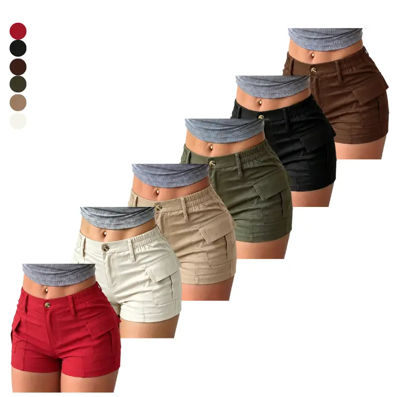 Women’s elastic high-waist cargo shorts with multiple side pockets, slim fit, ultra-short hot pants style, casual streetwear shorts for everyday wear