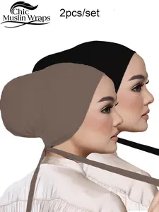 2pcs/set Modal Hijab Caps with Tie Back, Adjustable Jersey Wraps for Women, Solid Color Basic Underscarf Abaya Accessories