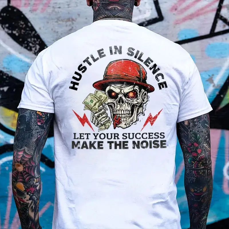 Gildan Men's Fitted Round Neck Short-Sleeve Breathable Cotton Graphic T-Shirt - Basic Menswear Casual Top with "Hustle in Silence" Skeleton Print, Money Print, Bow Detail for Streetwear, All Seasons Tops, Tshirt, Casual Fit, Chinese New Year