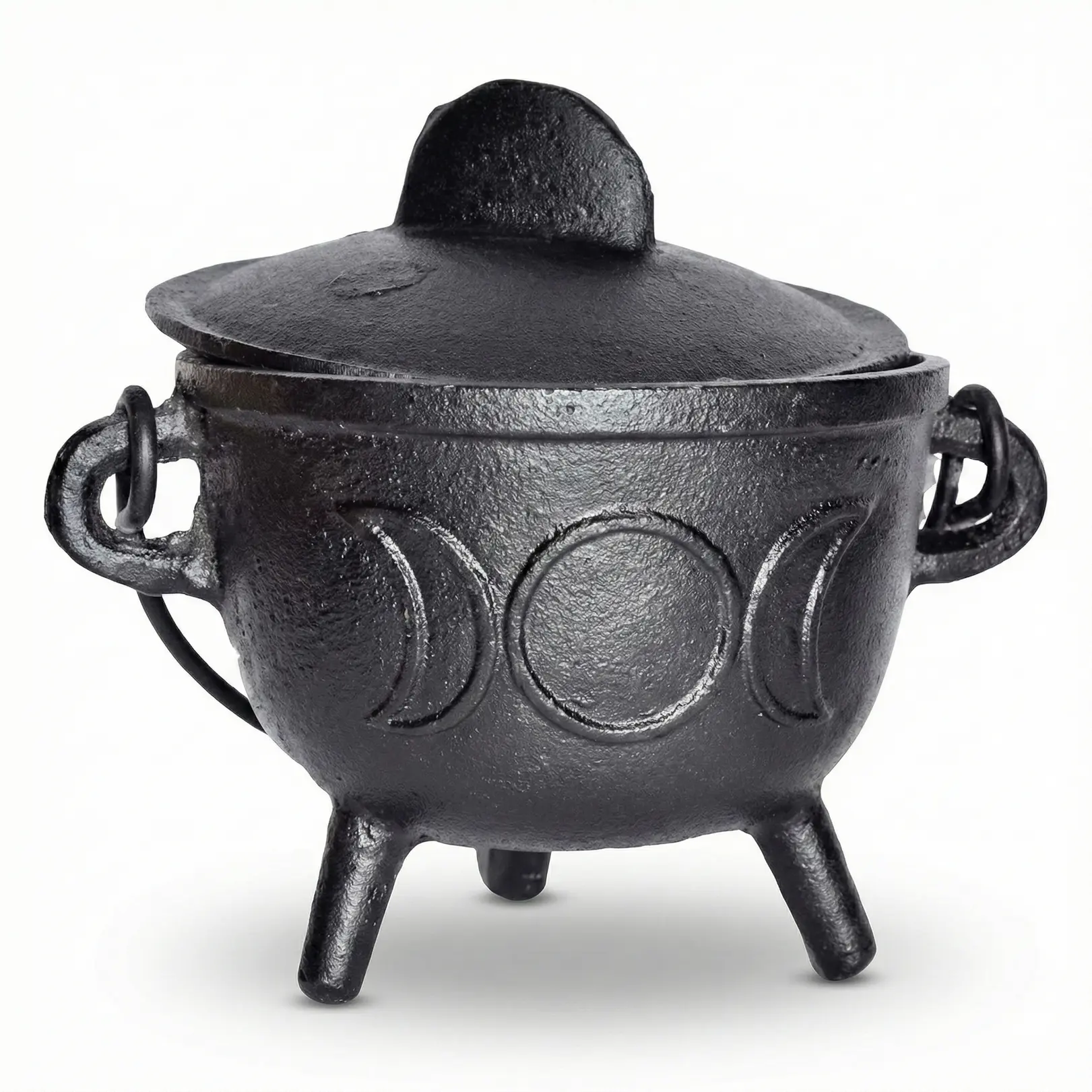 5 Inch Cast Iron Triple Moon Cauldron with Lid — Wiccan Altar Ritual Cauldron