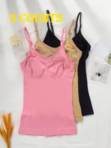 3 Pcs Women's Shapewear Camisole with Built inPadded Bra Seamless Tummy Control Shapewear TankTops, Lady Comfort Underwear For Daliy WearWomenswear Black Breathable Elegant Fabric Fit Medium Soft Nylon