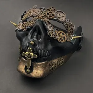 Men Steampunk Skeletal Retro Gears Half Masquerade Skull Mask Custome Cosplay Black