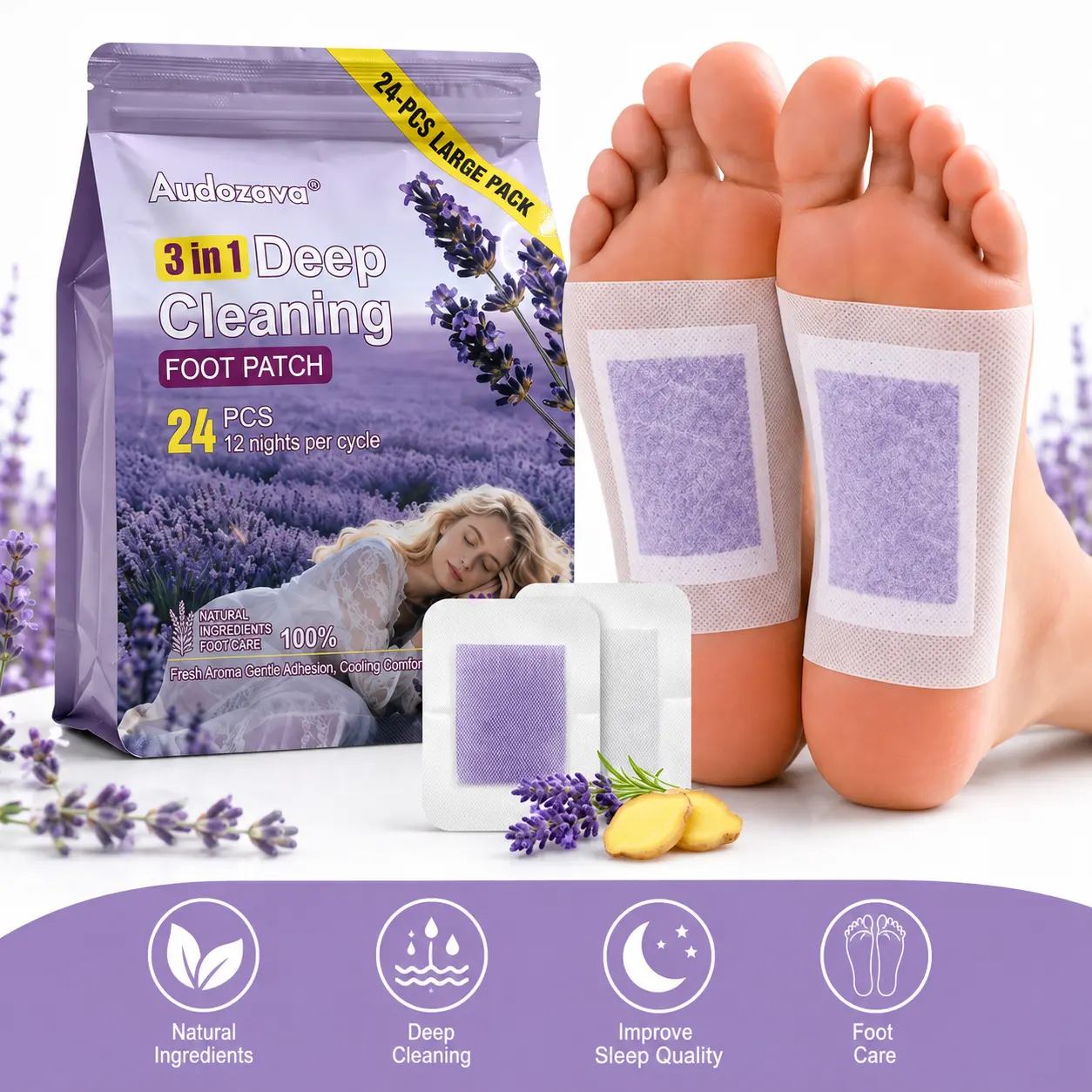 Audozava Deep Cleaning Foot Patch 24PCS Lavender Detox Foot Pads for Night Sleep Support & Foot Care, Natural Herbal Adhesive Patches with Ginger Extrac