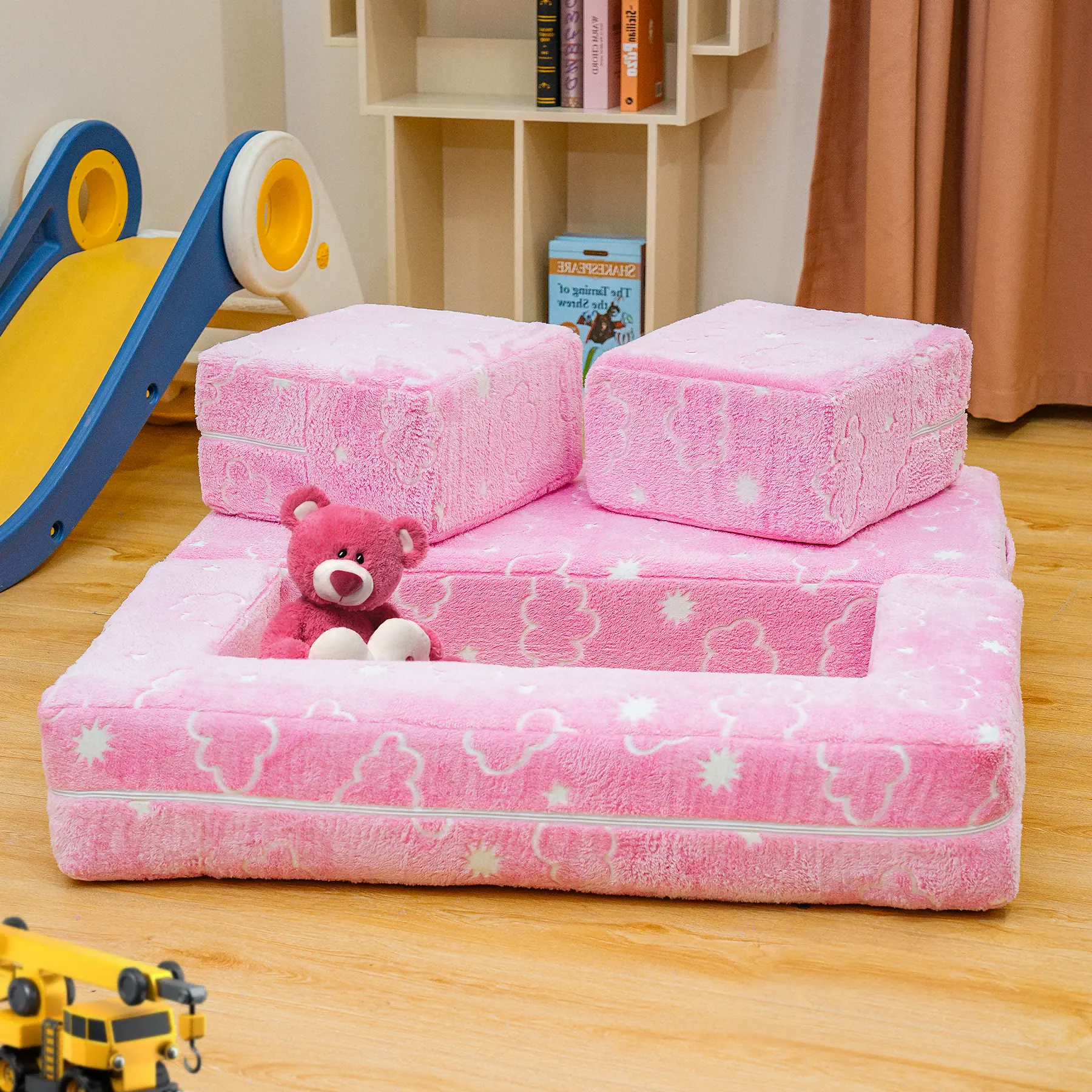 Lamerge Modular Play Couch,Glow in The Dark play Couch for playroom, Convertible Fold Out Play Foam and Floor Cushion for Bedroom and Playroom summergarden Toddler Sofa Pink