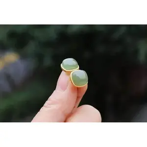 Flash & Finesse  Natural Hetian Jade Stud Earrings, Square Green Jade with Gold Plated Frame, Hypoallergenic,Festival Gift