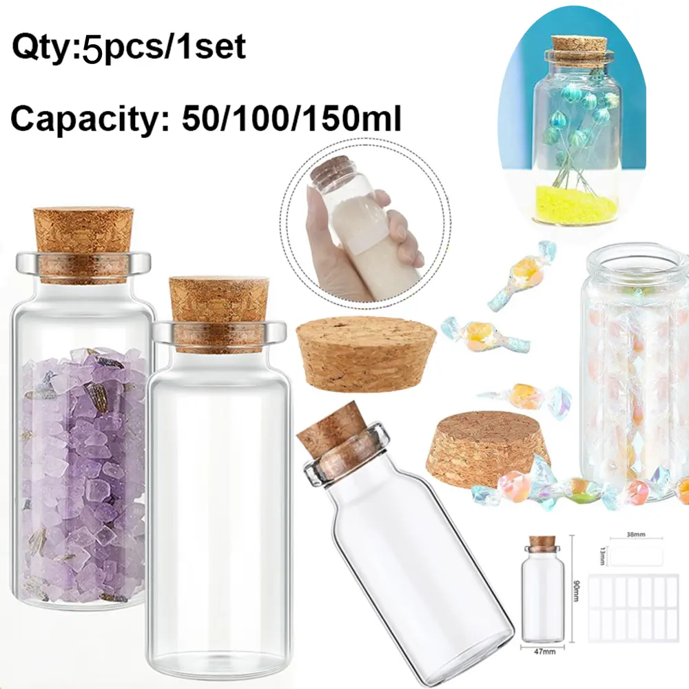 5Pack 50-150ml Clear Glass Bottles with Cork Stoppers, Empty Transparent Glass Jars & Vials for DIY Crafts & Household Storage