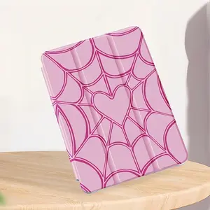 This Tri-fold Pen Slot Tablet Case Features a Pink Spider Web Pattern and Is Compatible With IPad Mini 6/4, IPad Air 5/4/3, IPad Pro 2024/2022/2020 Series, Galaxy A9/A8/A7 and S10/S9/S8/S7/S6 Series. It Also Features Automatic Wake-up and Sleep Functions.