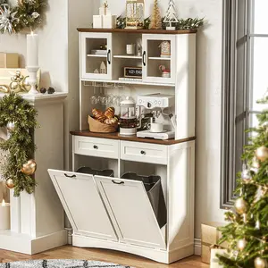 【Does Not Include Trash Can】 Spurgehom Large Capacity Storage Solution: 26 Gallon / 13 Gallon Tilt-Out Trash Cabinet with Adjustable Shelves & Drawers. This Wooden Freestanding Pantry Organizer is Perfect for Kitchen, Living Room, or Dining Room