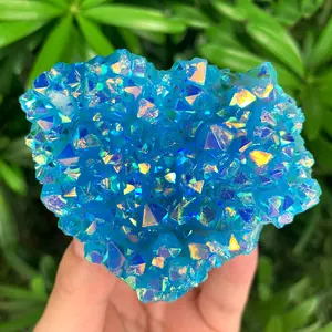 80-100g Raw Blue Angel Aura Cluster Titanium Geode Quartz Crystal Rock Specimens Healing Reiki Ornaments Collections