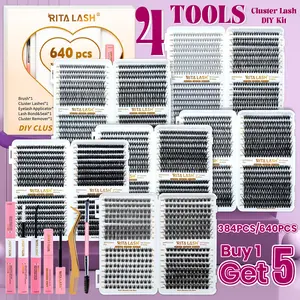 RITALASH 640/384pcs 6 Nature Styles Lash Clusters Kit, Cosmetic False Lashes, 10D/20D/30D/40D/50D/60D Eyelash Clusters Extensions with Essentials for Beginners & Proficient, DIY at Home with Bond & Seal Remover Double-Ended