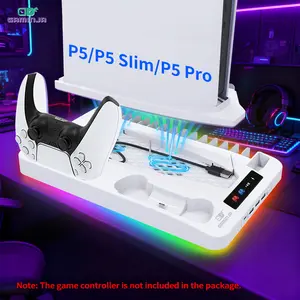 GAMINJA Upgrade PS5 Cooling Charging Base Cooling Fan, Compatible With PS5/PS5 Slim/PS5 Pro All Generations, Controller Charging, Headset Placement, Adjustable Light Effects, Charging Dock