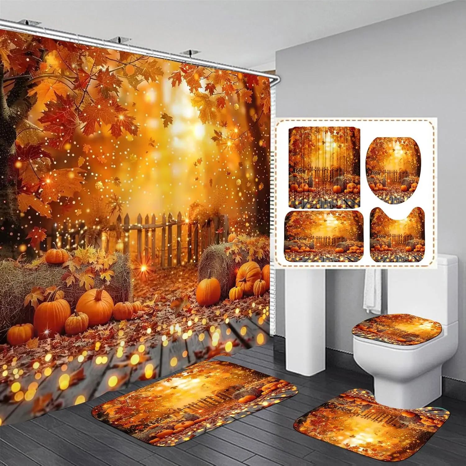 4PCS Thanksgiving Shower Curtain Bathroom Sets with Rugs, Toilet Lid Cover and Bath Mat, Autumn Shower Curtain with 12 Hooks, Pumpkin Maple Leaves for Thanksgiving Bathroom Decor Set