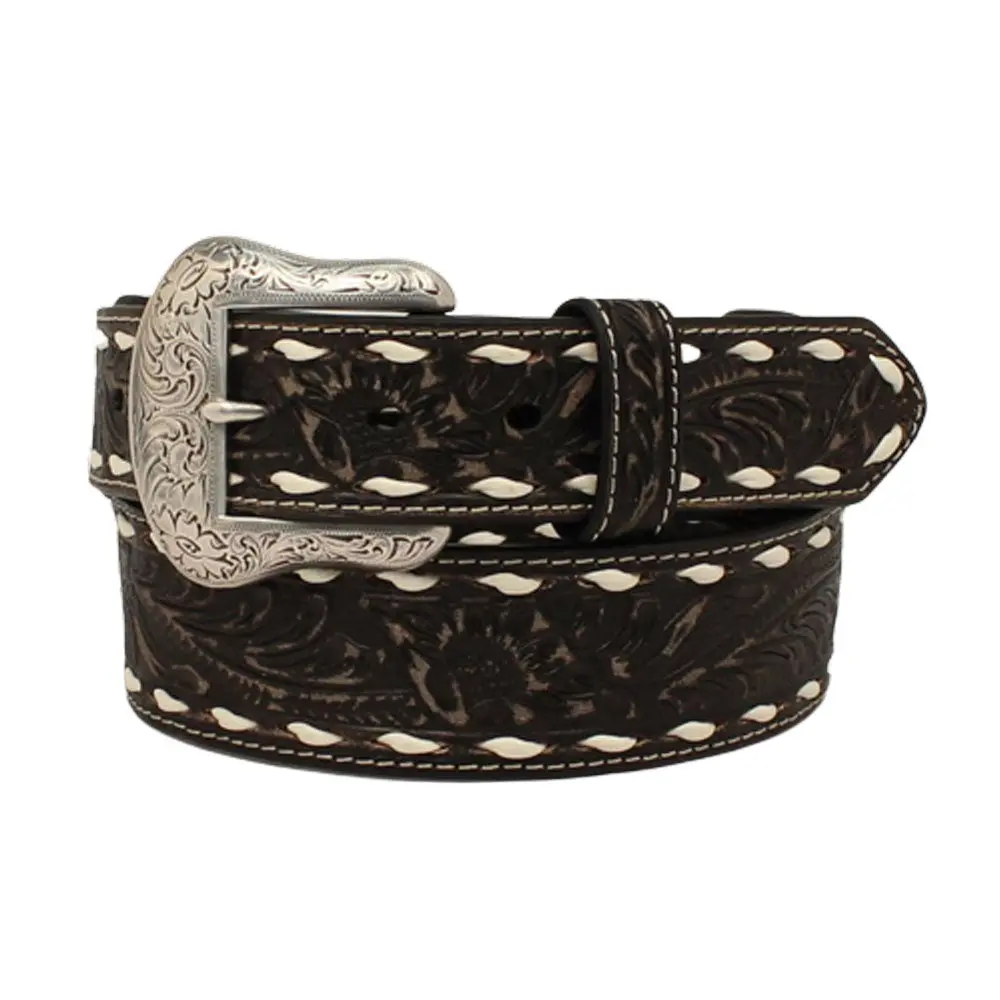 N210005101 Nocona Men's Embossed Distressed Black with White Buckstitch Belt