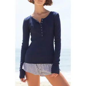 John Galt Women's Blue Athern Ribbed Long Sleeve Top