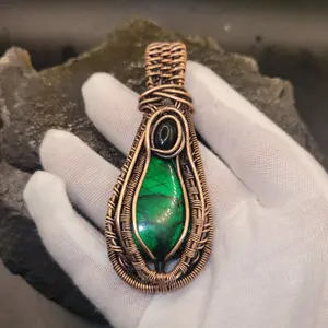 RavynMetals Green Dyed Labradorite Pendant Necklace wrapped in pure Copper accented by a  Black Smoked Ehtiopian Opal.