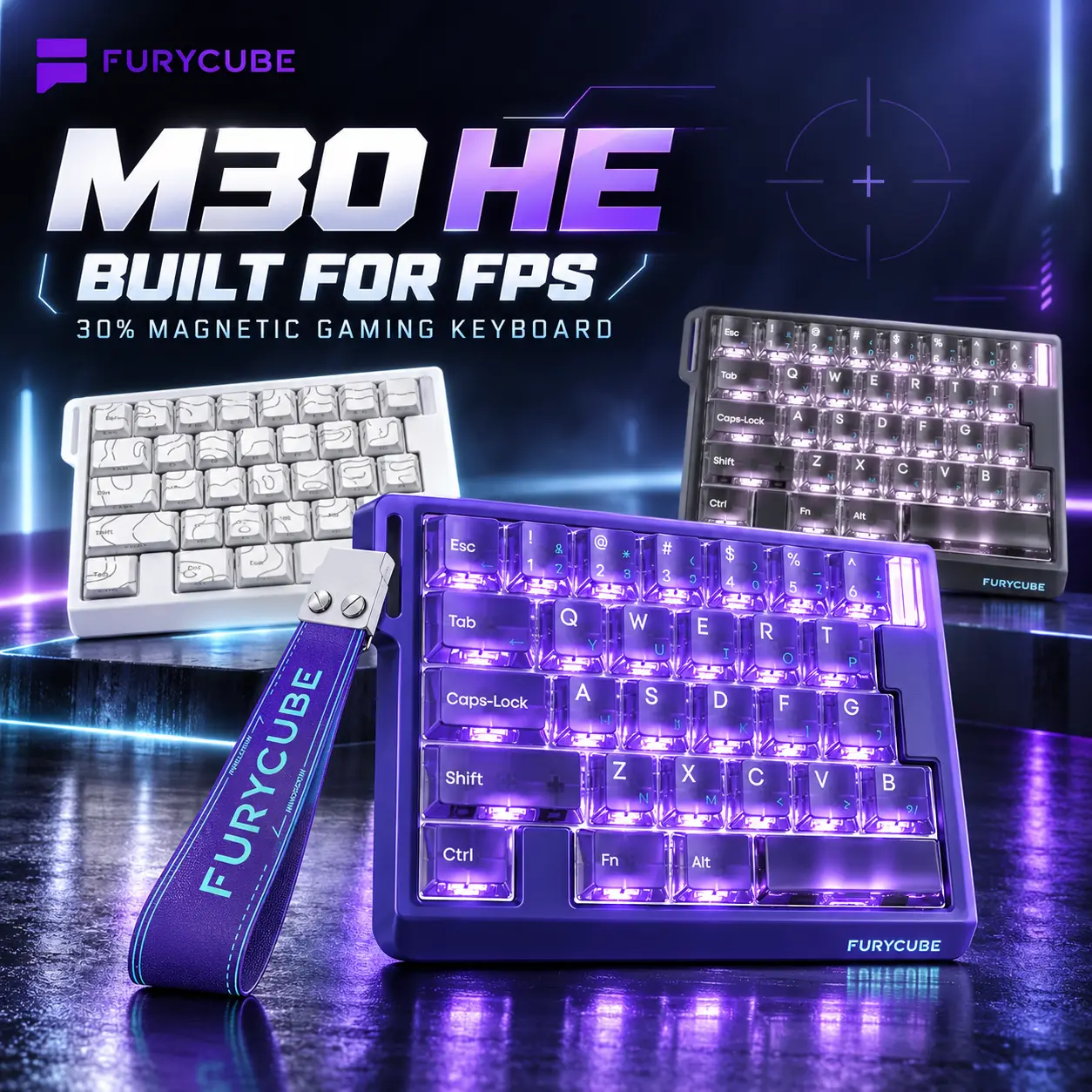 FURYCUBE M30 HE Series Magnetic Axis Mechanical Gaming Keyboard - 30% Compact Layout Wired, Gateron Switch, RT 0.01ms Rapid Trigger, Full RGB Backlight Effect, PBT Keycaps, 8K Returns, Web Driver, Multi OS, for FPS Gamers