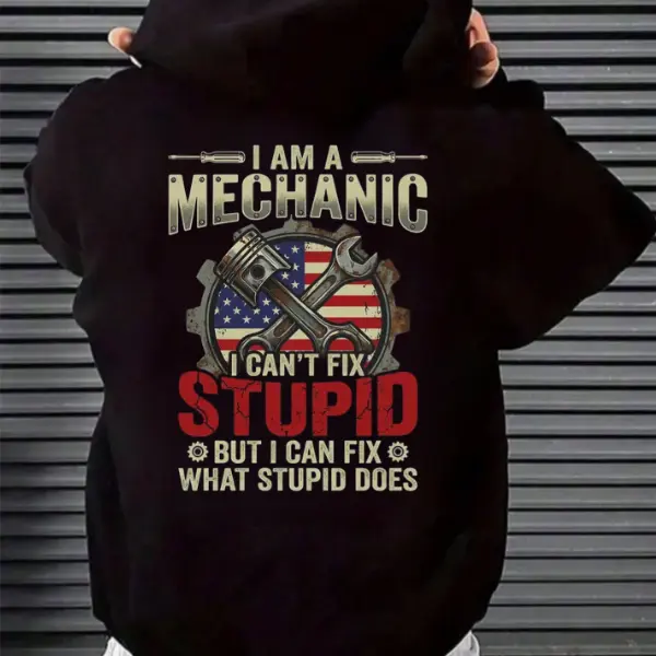 Men's Graphic Hooded Sweatshirt, Classic Pullover with "I Can't Fix Stupid" Print, US Cotton Top for Mechanics, Sweatshirts, Fabric, Graphic Print, True Size, Alternative Style, Basic, Chlorine Bleach, Do Not Dry Clean, Tee, Universal, Traditional