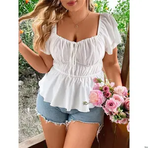 Top Peplum Sleeve Layer - Tie s Women Plus Franclia Size Front Double Ruffle Blouse