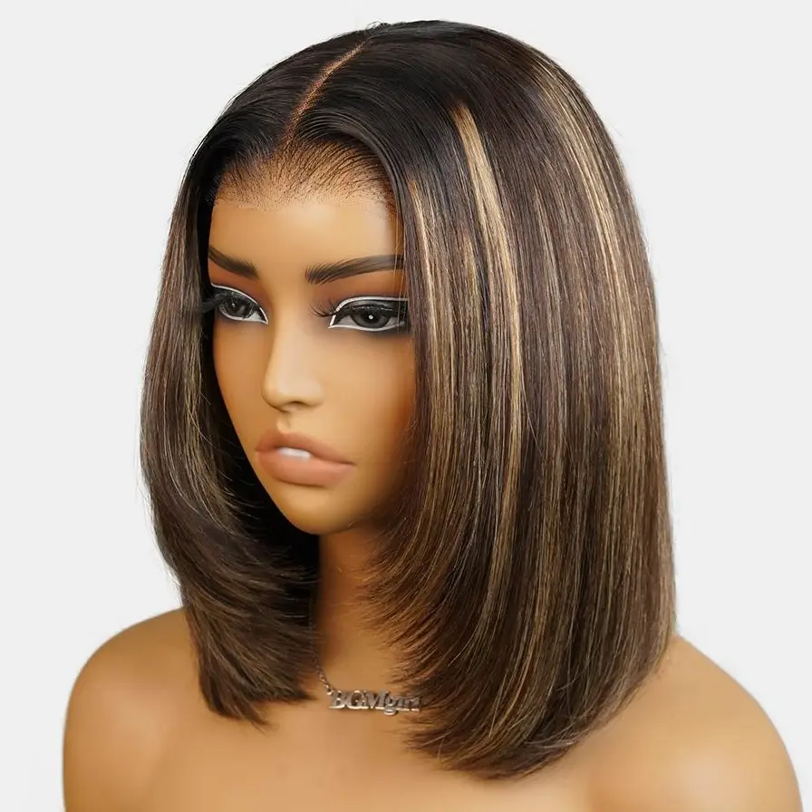[New Arrival] BGMgirl Highlight Brown 9x6 T-Part Layered Cut Bob Straight Wear Go Pre Everything Pre Bleached Knots Wear Go Pre Plucked HairlineWig Lace Draw-String Glueless Closure Wig 100% Human Hair Colored Wig Summer Style back to school