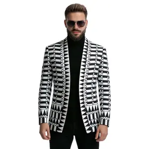 Men's Black and White Geometric Stand-up Collar Suit Jacket for Stage Performances, Weddings, Parties, Hosts, and Singers.