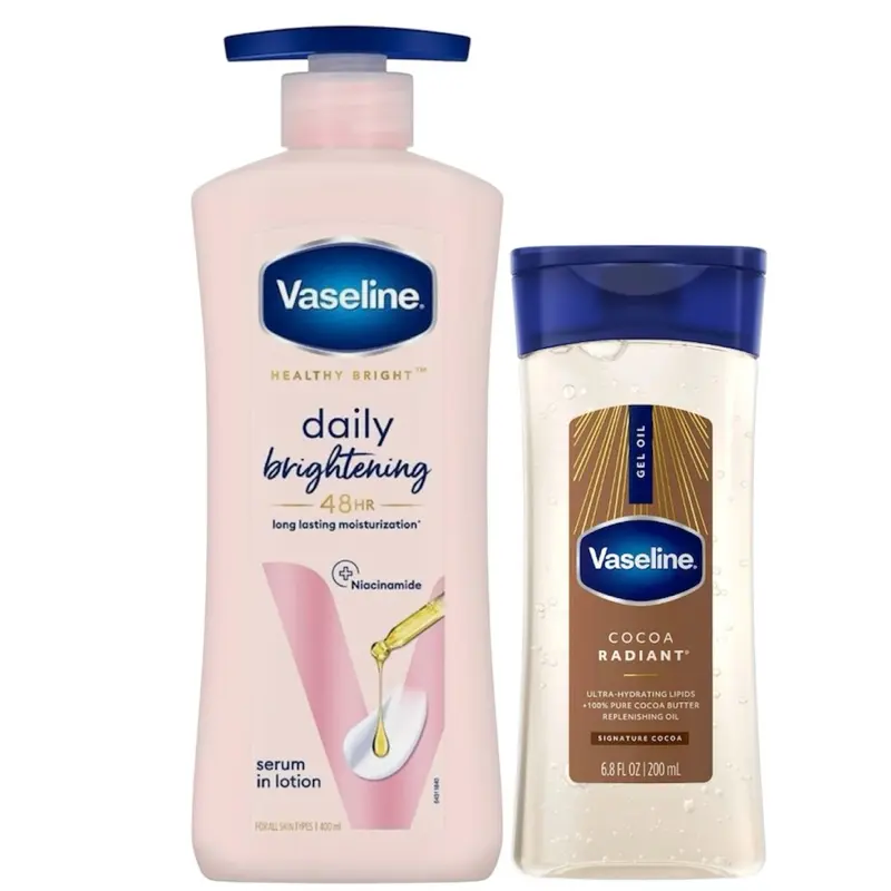 Vaseline Daily Brightening Lotion with Serum (400ml) & Limited Edition Universal Coco Gel (200ml) - Adults' Long-Lasting Body Moisturizer for Hydration, Glowing Skin, Dark Spot Removal, Soothing Repair, Anti-Aging, All, Paraben Free