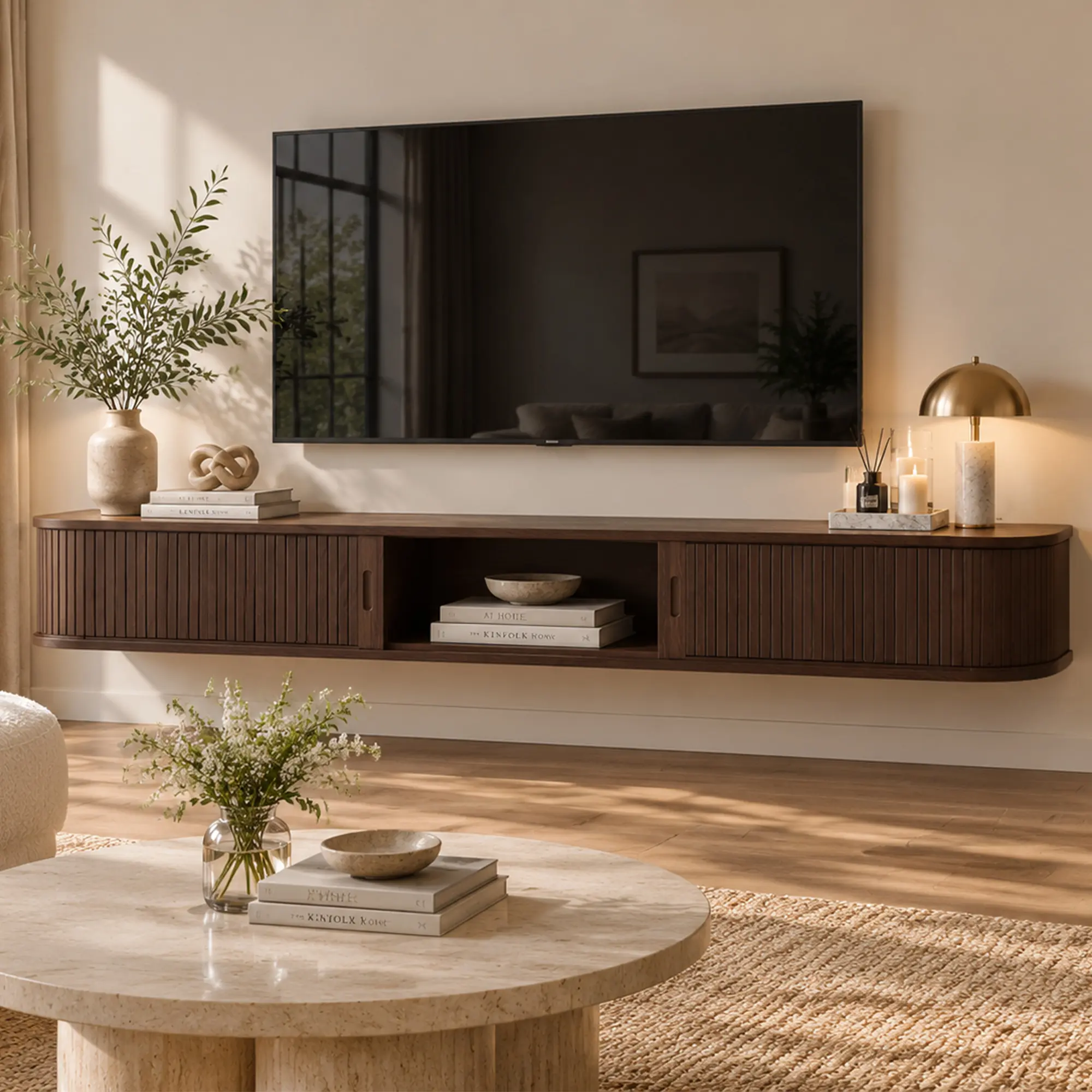 62.9in Modern TV Stand for Living Room - Sturdy Adjustable Wall-Mount Wooden Storage Console Table with Floating Base, Wooden Panels, RGB Lights, Sliding Door, App+Remote Control, Hidden Robot Vacuum Compatibility, Modern Home Decor, Indoor Furniture