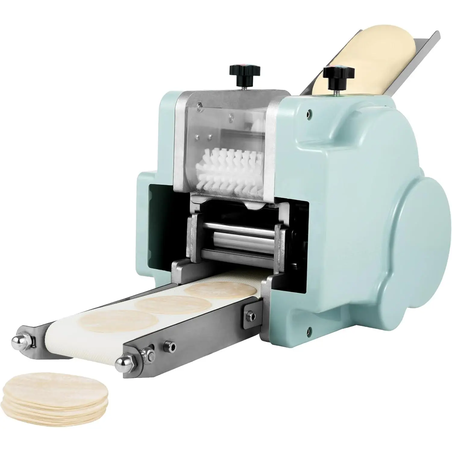 Automatic Portable Commercial Electric Dumpling Skin Maker - 140W 110V Stainless Steel & Copper Machine, 60pcs/Min, 3.15in Circular Mold, PVC Parts, Mock Handmade Method, Silver Blue, Family & Restaurant Kitchen Utensils