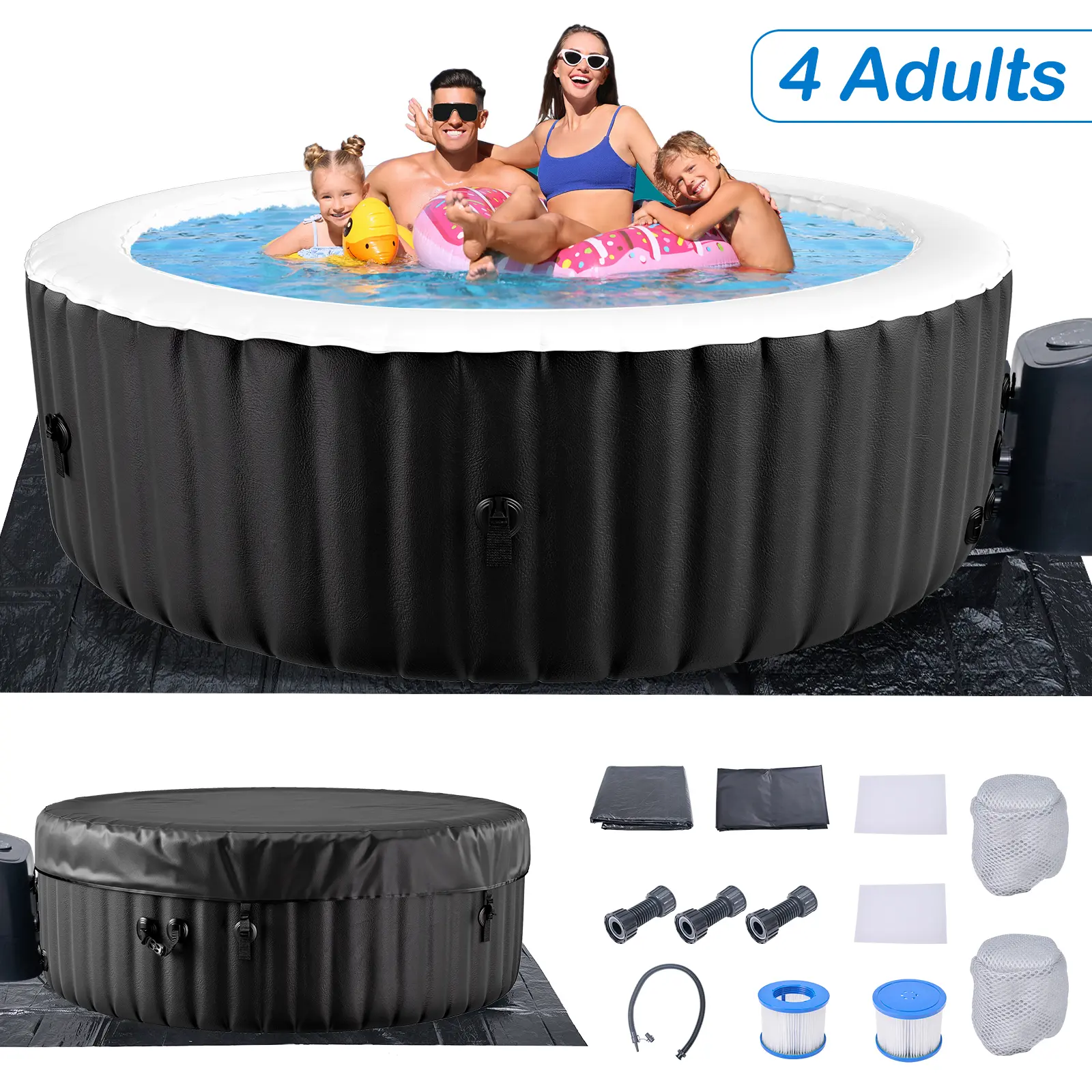 Lilypelle 4-Person Outdoor Hot Tub, Portable Foldable Inflatable Wash Tub with 130 Air Jets, Thick Durable PVC Cover, Pad, Pump, 73"x73"x25" Round Large Bubble Massage Spa, Portable Foldable Inflatable Wash Tubs