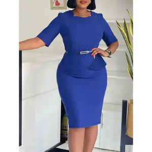 D521 Beige Scallop Neck Waist-Cinched Dress Half-Sleeve Pleated Design Interchangeable Belt OL Pencil Workwear Professional Choice