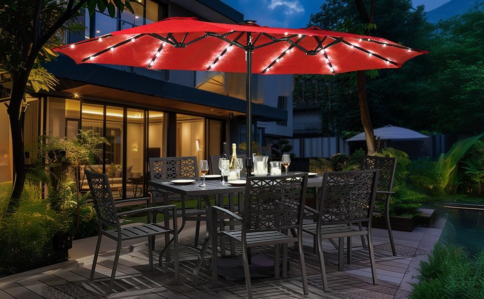 【Solar LED Lights Umbrella】Yaheetech 15/13ft Large Patio Umbrella, Outdoor Double-Sided Rectangle Umbrella with 36 LED Lights & Crank for Patio Garden Pool Lawn Backyard, Base Included