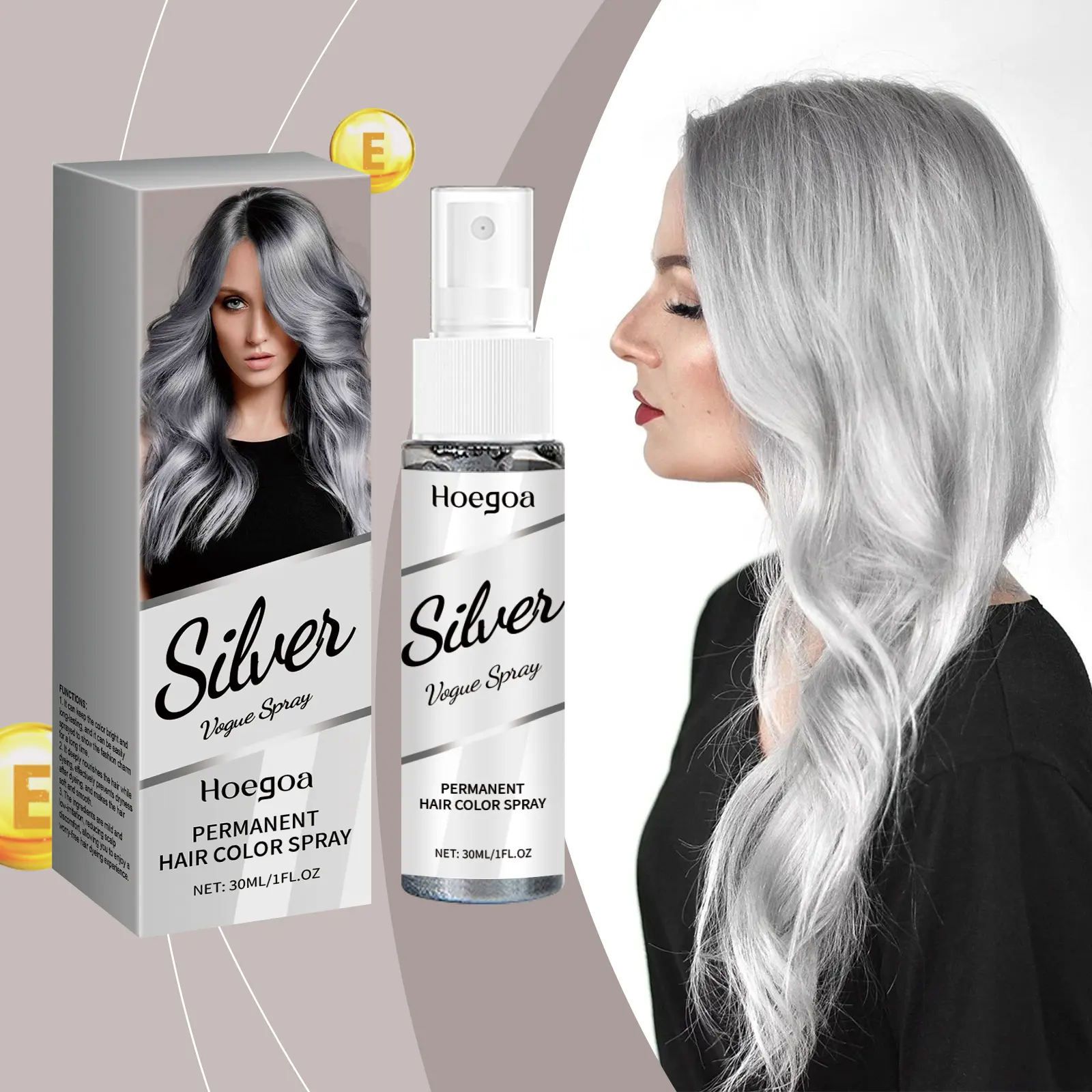 Hoegoa 30ML Bleach-Free Metallic Silver Grey Washable Temporary Hair Toner Spray - Rinse-Off Mist for Halloween Cosplay, Daily DIY Styling for Women