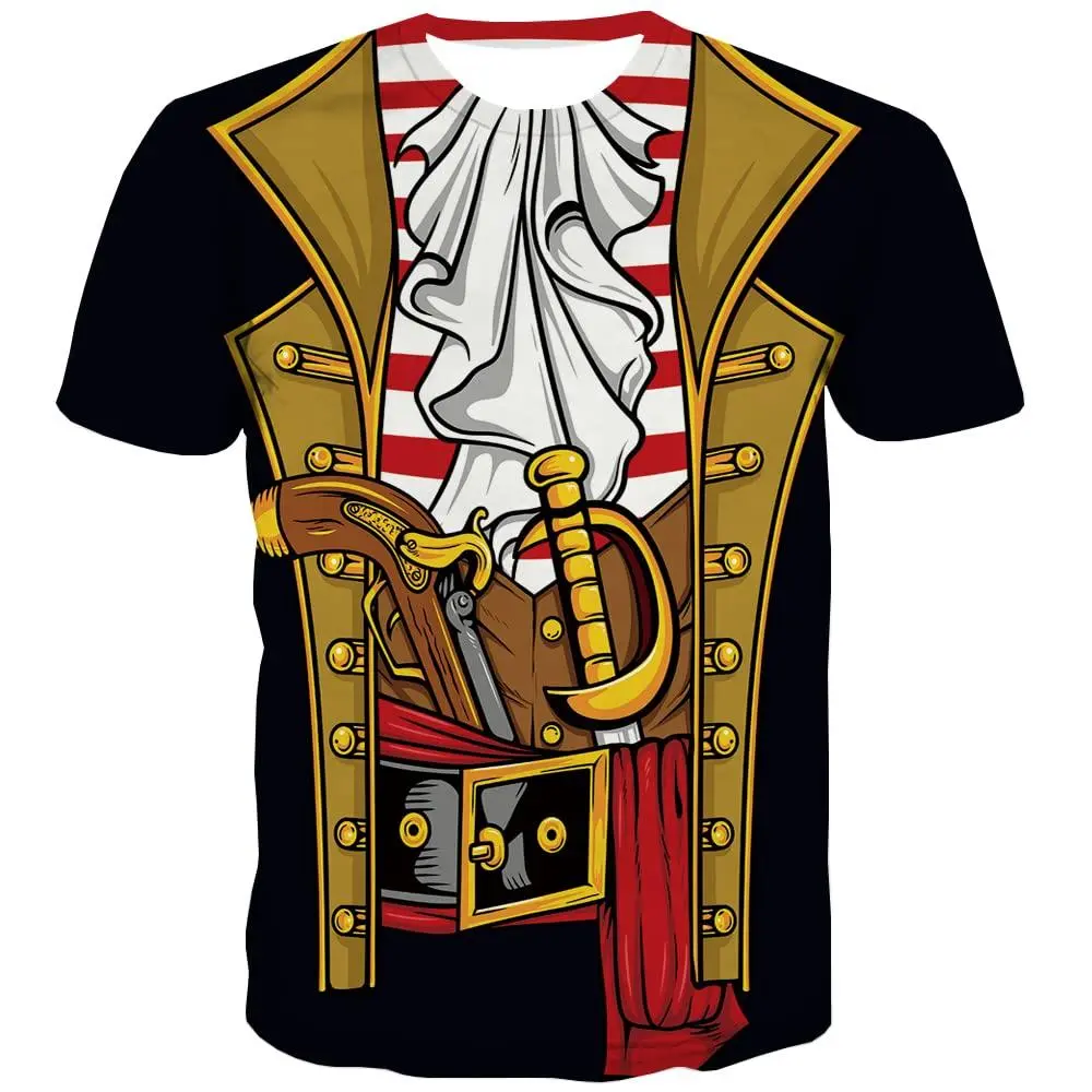 Casual Pirate Costume Tshirt for Women, Short Sleeve Streetwear Top with Ruffled Accents and Gold Details for Halloween, Fabric, Full Body, Ruffles, All Over Print, Lady, Full Print, Shortsleeve, Breathable, Tee, Digital Print