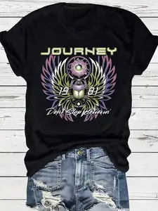 Women's Journey Don't Stop Believin' Print Round Neck Graphic Tee, Vintage Trendy Casual Short Sleeve T-shirt for Daily Wear, Ladies Summer Outfit
