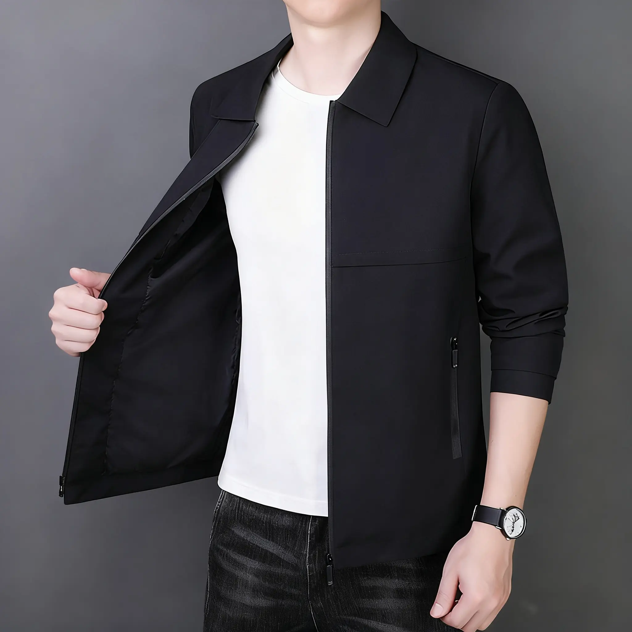 Men's Casual Lapel Jacket in Solid Black Textured Woven Fabric with Long Sleeves and Zippered Pockets