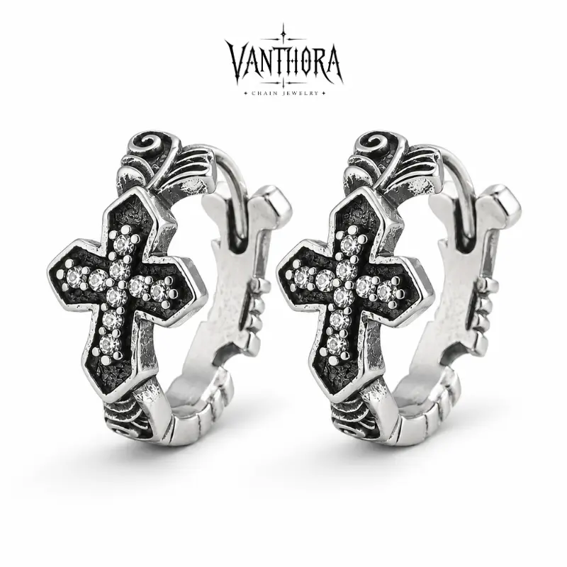 [VA RA] Antique Silver Rhinestone Cross Hoop Earrings for Men Women, Vintage Gothic Huggie Earrings, Punk Y2K Streetwear Small Statement Ear Jewelry, Daily Party Concert Birthday Holiday Gift for Him Her
