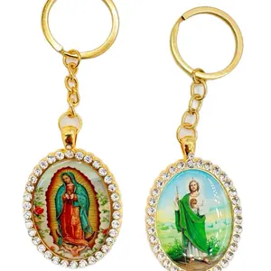 St Jude & Virgen Mary Religious Motif Keychains, 12pcs Round Keychain Pendant Set with Free Bags for Baptism, Communion Faithful Favors