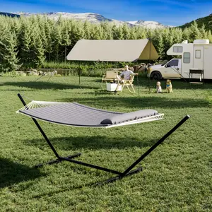 Heavy Duty 2 Person Hammock with Stand, Comfort Cotton Rope Reversible Quilted Pad, 475 lbs Weight Capacity, Hardwood Spreader Bars, Easy Assembly Indoor Outdoor Hammock for Patio Garden Backyard, Gray