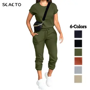 Scacto Women's Solid Color Batwing Sleeve Top & Drawstring Pocket Pants Casual Suit Set for Summer High Stretch