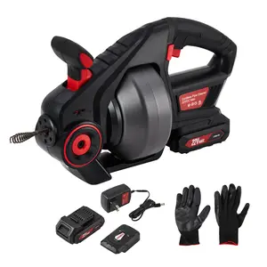 wireless drain auger,electric plumbing snake,25ft drain cleaner,auto-feed drain snake,battery powered pipe unclogger,adjustable speed drain auger,toilet and basin clog remover,LED work light drain tool,heavy duty pipe cleaning tool