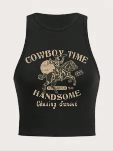 Women's "Cowboy Time" Slogan Print Round Neck Tank Crop Top, Casual Comfy Sleeveless Cropped Top for Daily Wear, Casual Top for All Seasons