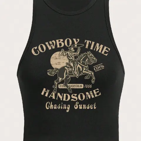 Women's "Cowboy Time" Slogan Print Round Neck Tank Crop Top, Casual Comfy Sleeveless Cropped Top for Daily Wear, Casual Top for All Seasons, Casual Fashion Sleeveless
