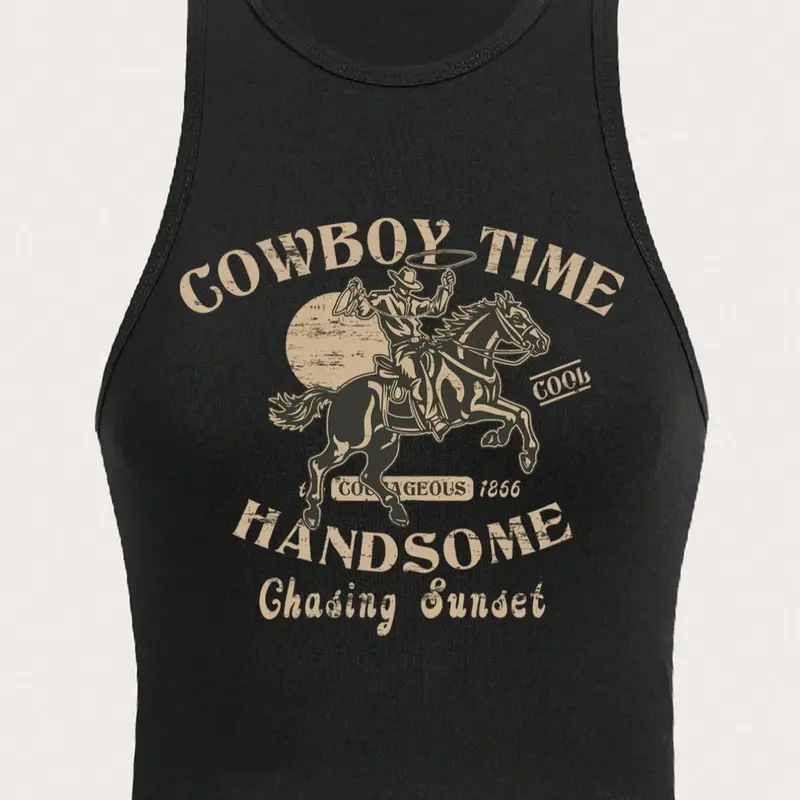 Women's "Cowboy Time" Slogan Print Round Neck Tank Crop Top, Casual Comfy Sleeveless Cropped Top for Daily Wear, Casual Top for All Seasons, Casual Fashion Sleeveless