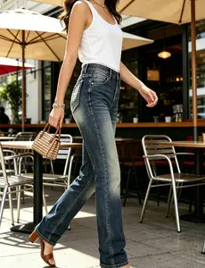 Women's Fringe Washed Bootleg Jeans Ripped Flare Low Rise Fitted Denim Pants Classic Stretch Curvy Bootcut Jeans