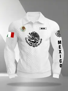 Men's Mexican Theme Eagle Snake Print Long Sleeve Polo Shirt, Flip Collar Regular Fit, Knit Fabric, Spring Fall Casual Wear, Menswear