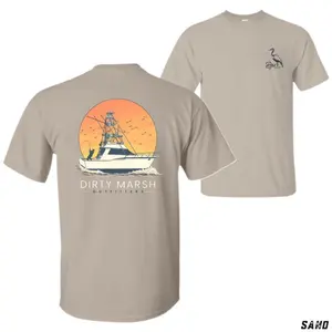 Dirty Marsh Outfitters T-Shirt, Sand Color Offshore Fishing Boat Tee with Sunset Graphic, Coastal Angler Shirt for Saltwater Fishermen & Ocean Lifestyle Lovers