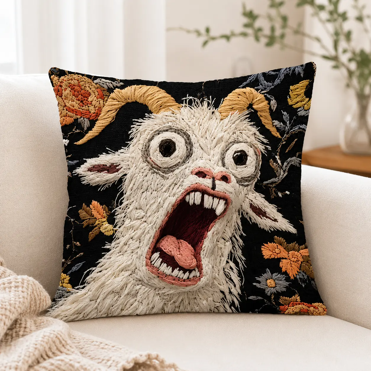 18x18 Inch Funny Screaming Goat Pillowcase - Short Plush Abstract Animal Print, Zipper Closure Home Party Decor (Pillow Not Included)