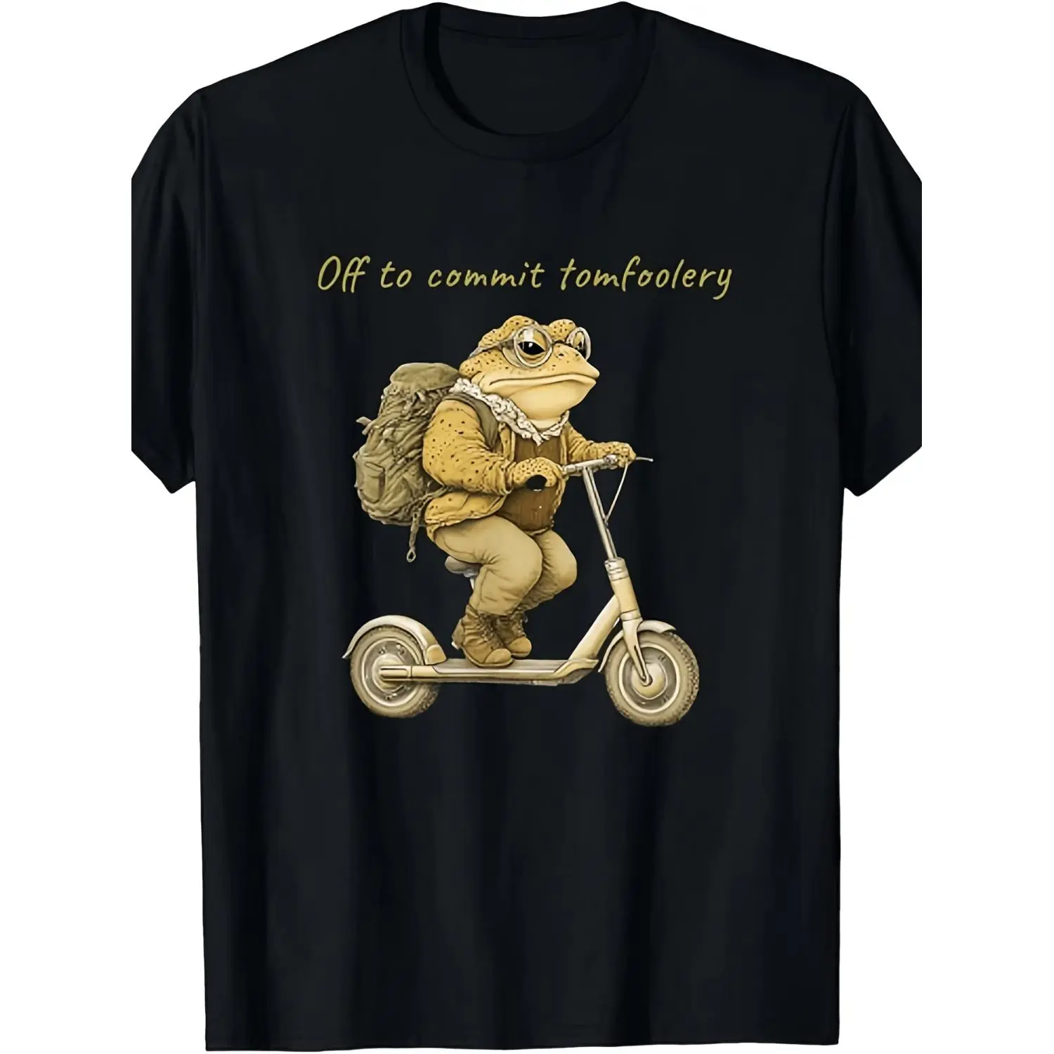 Mens Humorous Off to Commit Tomfoolery Frog Scooter Vintage TShirt Casual Short Sleeve Tee Featuring Frog Riding Scooter Graphic Comfortable Attire Easy to Wash