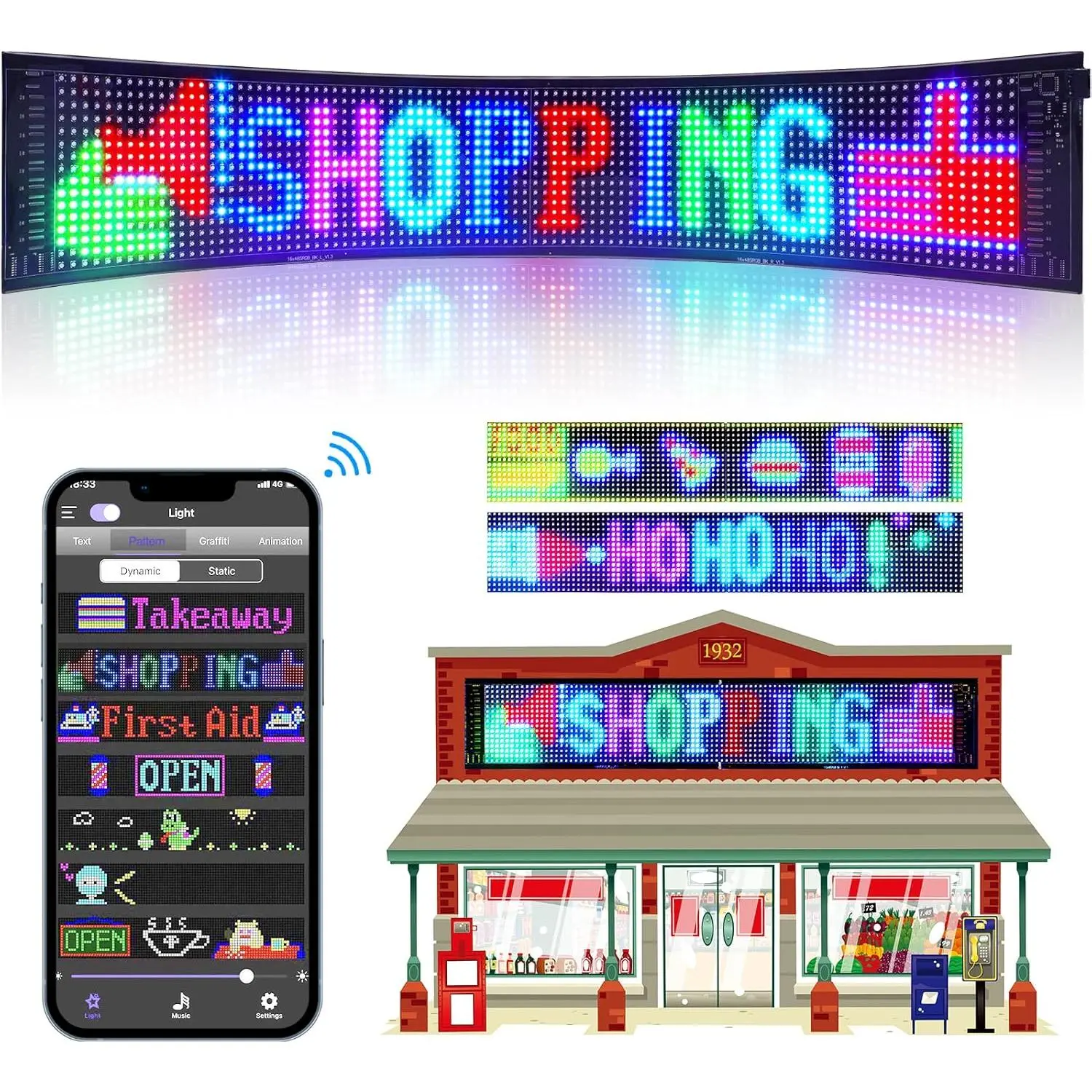 Programmable Led Sign, Scrolling Message Led Shop Signs Flexible Digital Display Board, App Control Led Matrix Panel, DIY Custom Text Graffiti Animation for Store  Bar Hotel Advertising