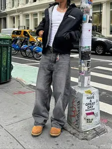 Men's Loose-Fit Denim Jeans, Fashionable Street Style Hip-Hop Washed Jean Pants, Comfortable All-Season Wear, Trendy American Design